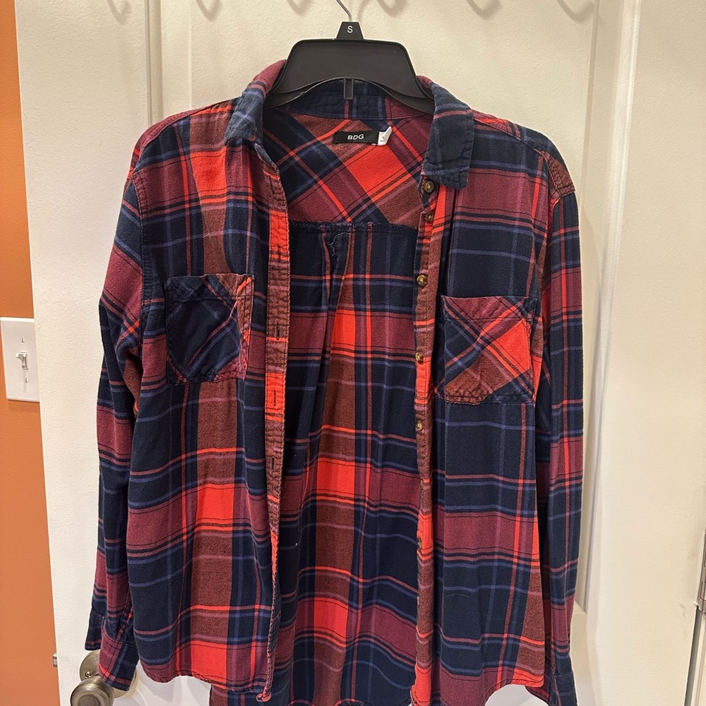 BDG Red and Navy Blue Plaid Flannel Shirt